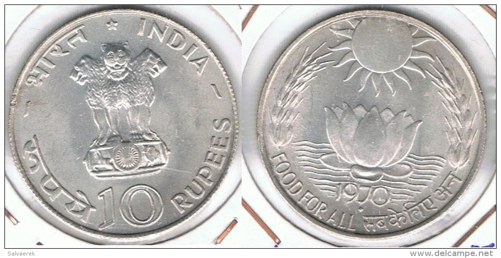 INDIA 10 RUPIA RUPEE 1970 COMIDA PARA TODOS  PLATA SILVER F1 - India