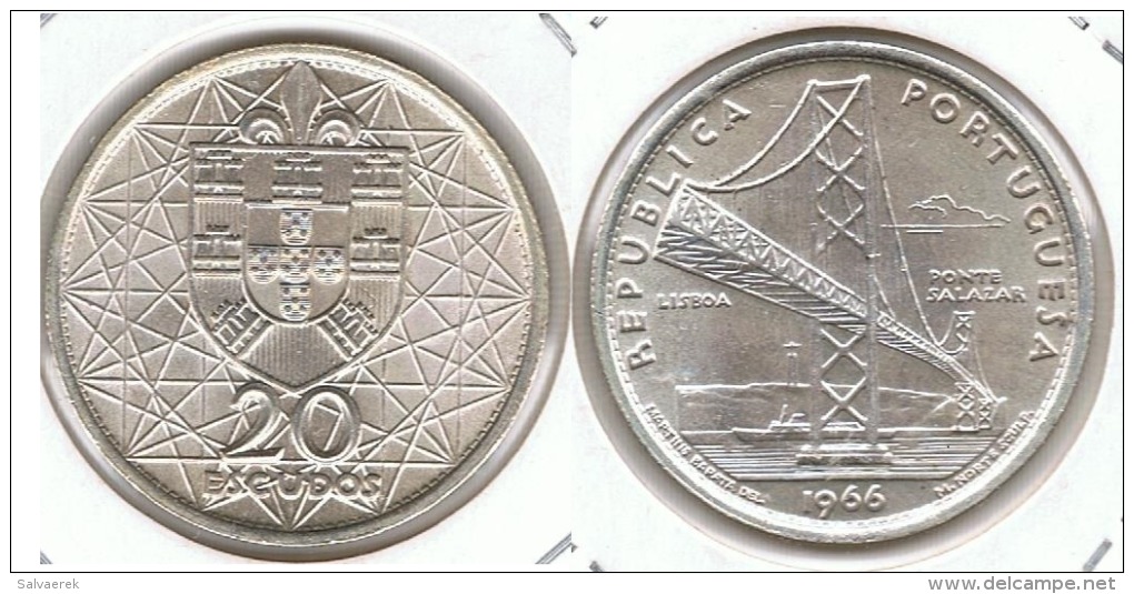 PORTUGAL 20 ESCUDOS 1966 PUENTE SALAZAR PLATA SILVER - Portugal