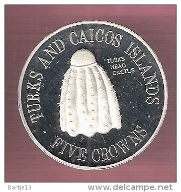 TURKS & CAICOS 5 CROWNS 1976 ZILVER PROOF TURKS CACTUS VERY SMALL MINTAGE - Turks En Caicoseilanden