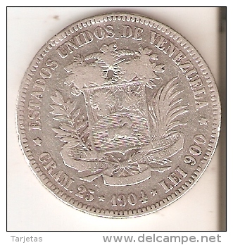 MONEDA DE PLATA DE VENEZUELA DEL AÑO 1904 DE BOLIVAR - 25 GRAMOS Y LEI 900  (COIN) SILVER,ARGENT. - Venezuela