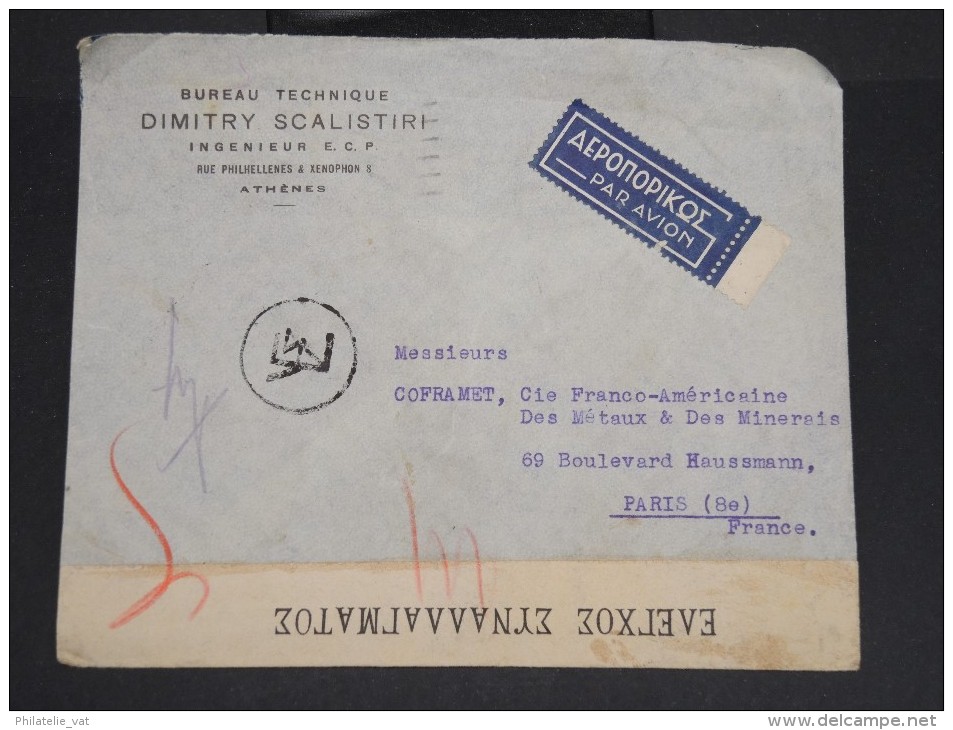 GRECE-Enveloppe D'Athénes Pour Paris Avec Controle En 1938  Manquement De Toimbre Au Dos  à Voir P7246 - Storia Postale