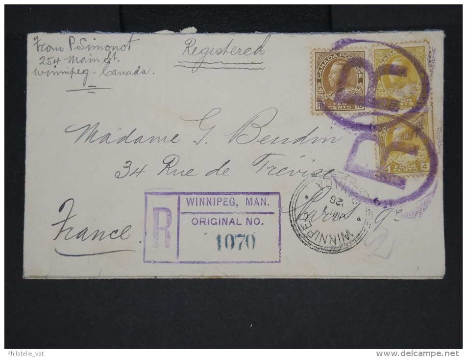 CANADA-Enveloppe En Recommandée De Winnipeg Pour La France En 1926   à Voir P7259 - Briefe U. Dokumente