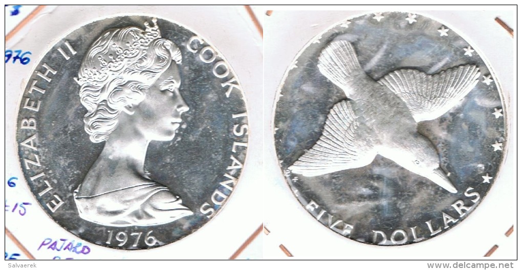 COOK ISLANDS 5 DOLLAR PAJARO PESCADOR 1976 PLATA SILVER G1 - Islas Cook