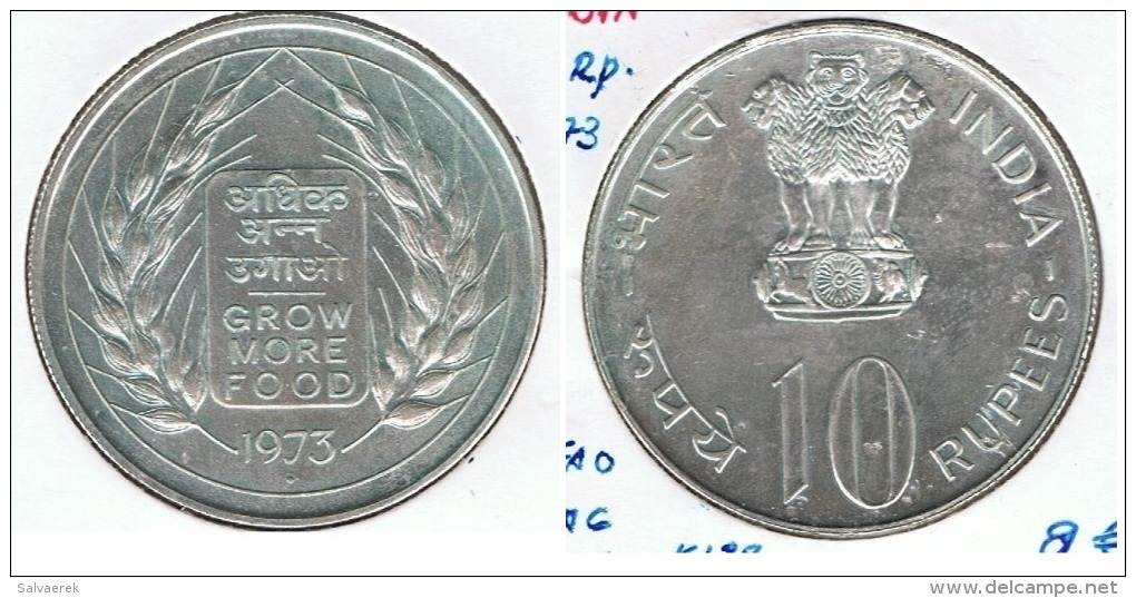 INDIA 10 RUPIA RUPEE 1973 COMIDA PARA TODOS PLATA SILVER G1 - India