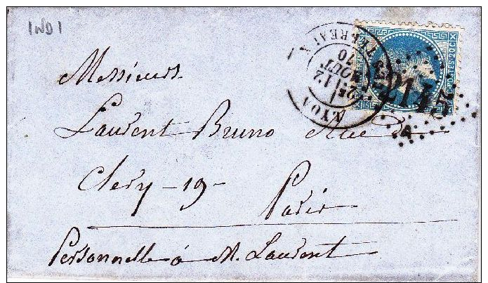 RHONE - Oblit GC  Sur Timbres - 2145A	LYON LES TERREAUX		29 T17	Date :	1870	Ind : 1 (Lot68_16) - 1849-1876: Période Classique