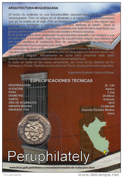 PERU 2015 , ARQUITECTURA MOQUEGUANA  , 1 NUEVO SOL , COIN ON CARD , MINT - Pérou