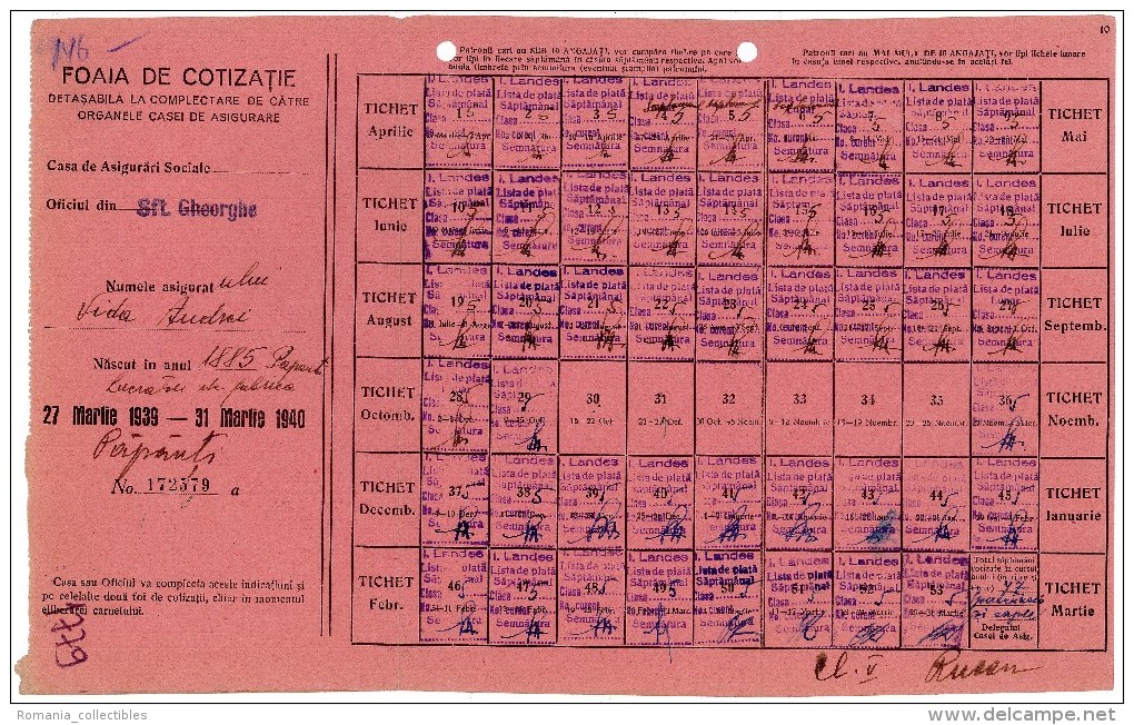 Romania, 1939/1940, Social Insurance Ticket - Nice Franking, Many Postmarks - Poststempel (Marcophilie)
