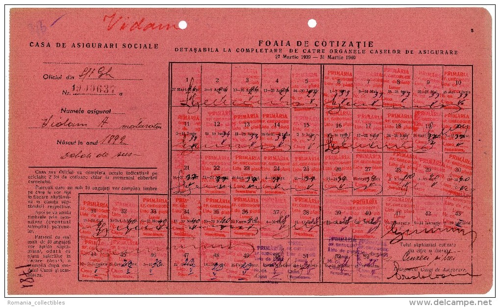 Romania, 1939/1940, Social Insurance Ticket - Nice Franking, Many Postmarks - Postmark Collection