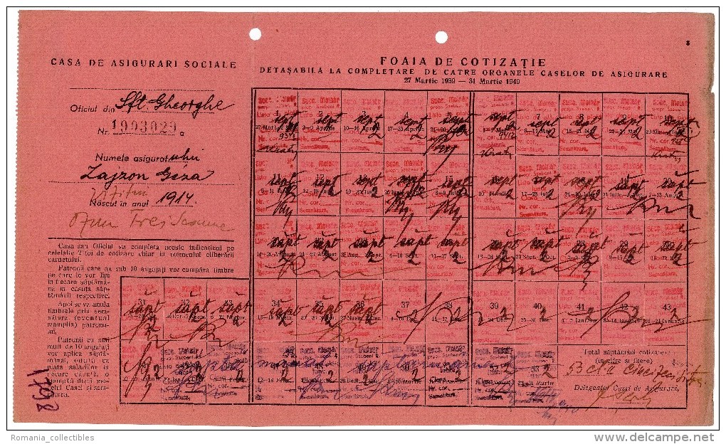 Romania, 1939/1940, Social Insurance Ticket - Nice Franking, Many Postmarks - Marcophilie