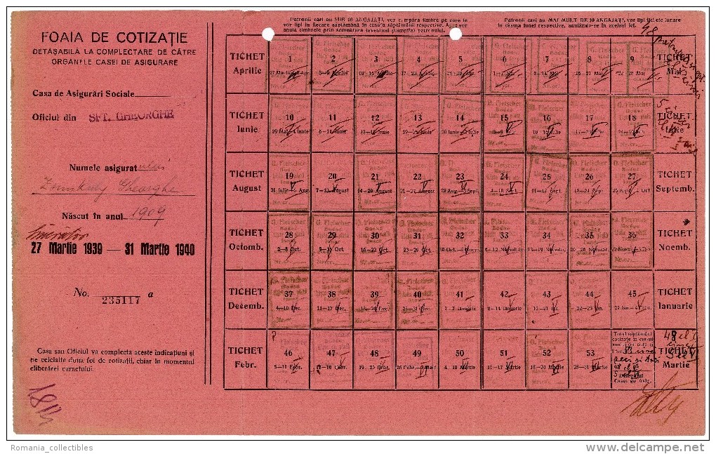 Romania, 1939/1940, Social Insurance Ticket - Nice Franking, Many Postmarks - Postmark Collection