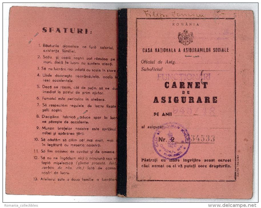 Romania, 1945, Social Insurance Member Card - Nice Franking, Many Postmarks