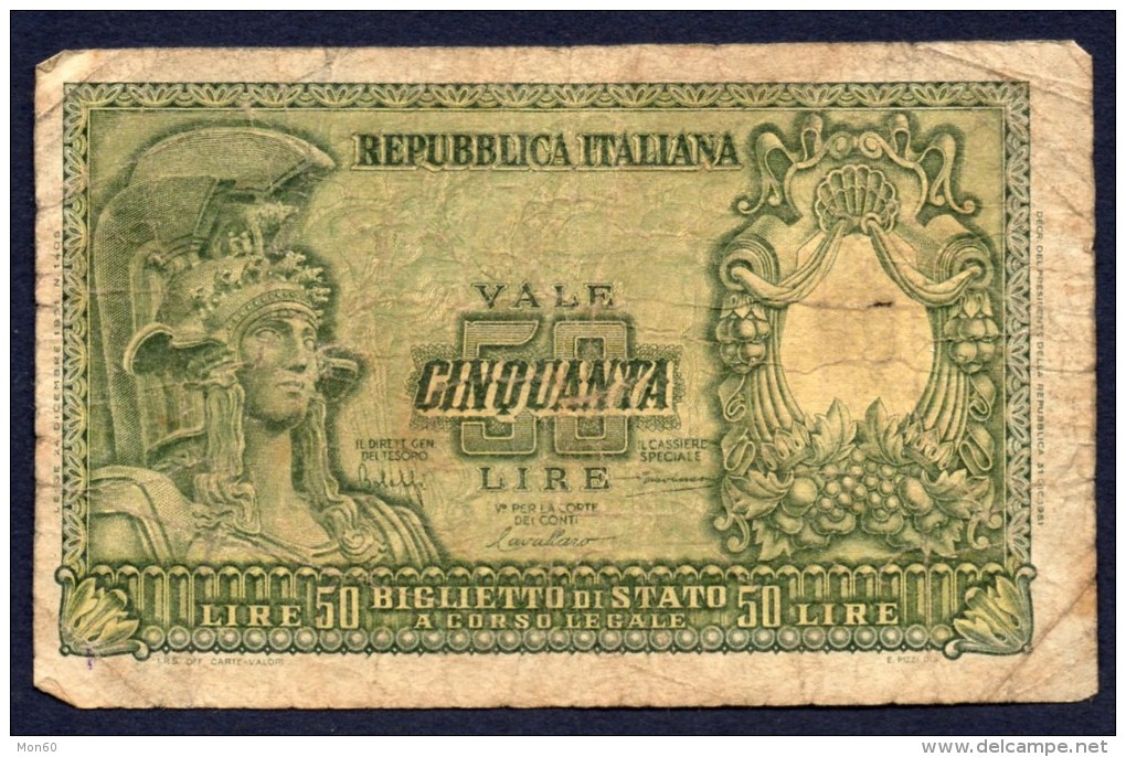 50 LIRE ITALIA 23/12/1951 BB - Bolaffi, Cavallaro, Giovinco - 50 Lire