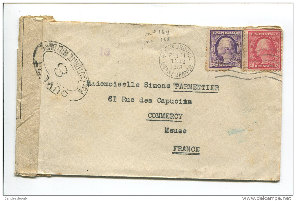 ENVELOPPE CONTROLE POSTAL MILITAIRE OUVERT AUTORITE CENSURE CACHET COMMERCY 1918 ROCKFORD ILL GRANT BRANCH US POSTAGE - WW I