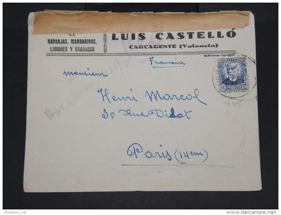 ESPAGNE - Enveloppe De Carcagente Pour La France En 1937 Avec Controle De Valencia -  à Voir P7309 - Marcas De Censura Nacional