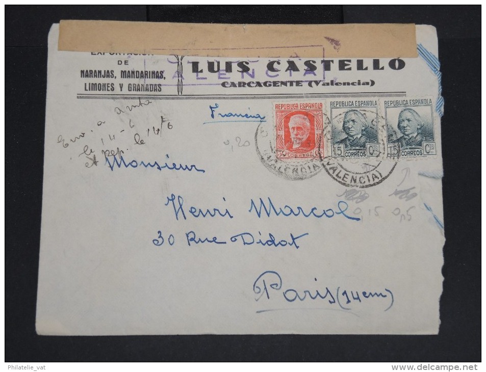 ESPAGNE - Enveloppe De Carcagente Pour La France En 1937 Avec Censure De Valencia -  à Voir P7311 - Nationalists Censor Marks