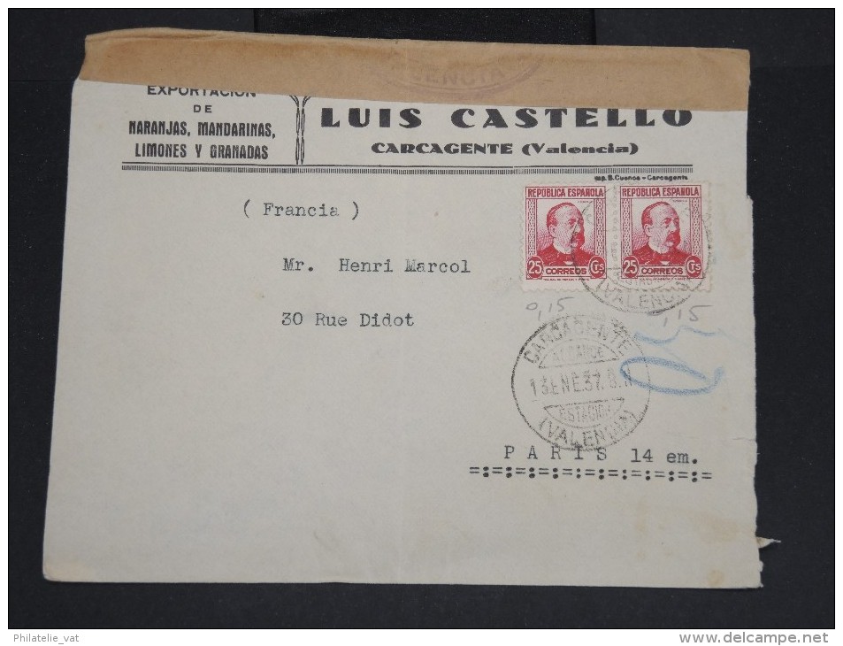 ESPAGNE - Enveloppe De Carcagente Pour La France En 1937 Avec Censure De Valencia -  à Voir P7312 - Marcas De Censura Nacional