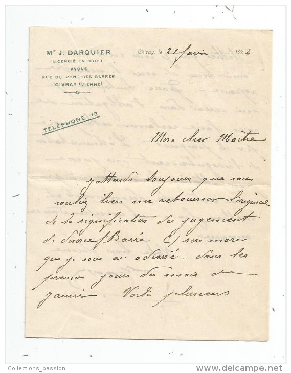 Lettre Professionnelle Maitre J. Darquier , Avoué , CIVRAY , Vienne , 1924 , 4 Pages , 2 écrites - Otros & Sin Clasificación