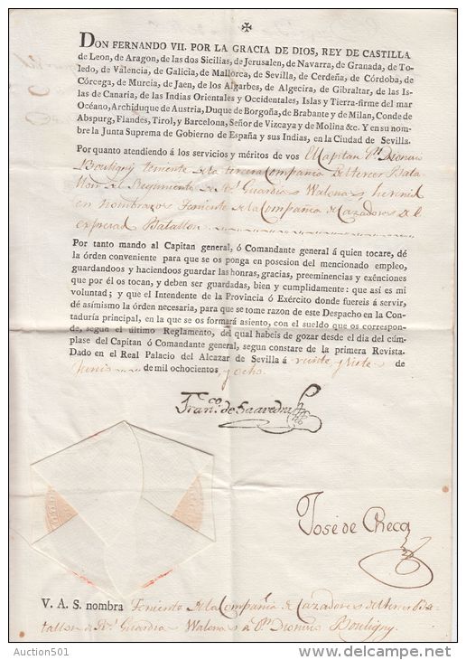 25490 DOCUMENTO FERNANDO VII - BATAILLON GARDE WALLONNE - BATALLON DE GUARDIA - CAPITAN DIONISIO BOULIGNI - SEVILLA JUNI - Documentos Históricos