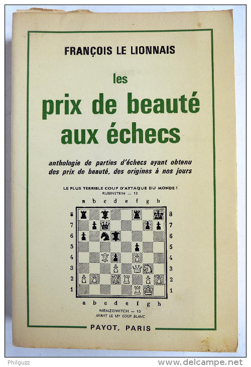 LIVRE PRIX DE BEAUTE AUX ECHECS - F LE LIONNAIS - Payot 1970 - Jeux De Société