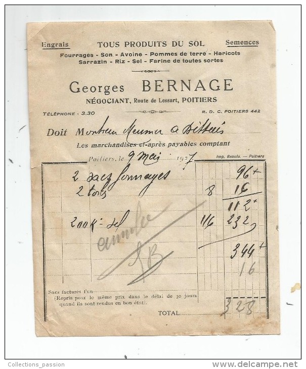 Facture , Tous Produits Du Sol , Semences , Engrais , Fourrage, Georges Bernage , Poitiers , 1927 - Landwirtschaft