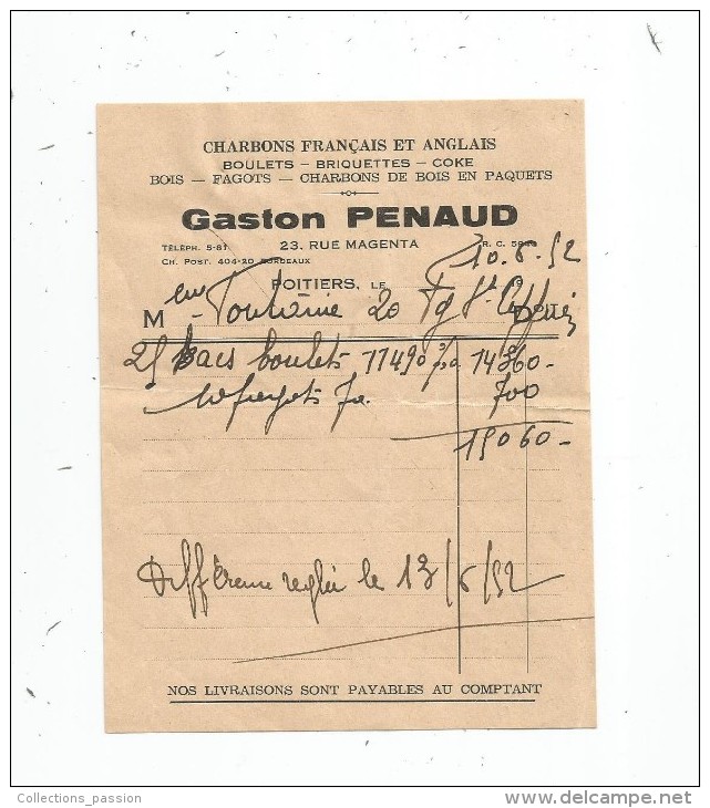 Facture , Charbons Français Et Anglais , Gaston PENAUD , POITIERS , 1952 - 1950 - ...