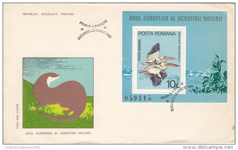 2400FM- PELICANS STAMP SHEET, OTTER, NATURE PROTECTION, COVER FDC, 1980, ROMANIA - Pélicans