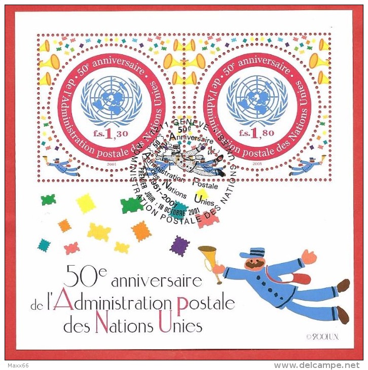 ONU NAZIONI UNITE GINEVRA USATO FDC 2001  50° Anniversary UN Postal Administration - 1,30 + 1,80 Fr. - Michel NT-GE BL16 - Blocs-feuillets
