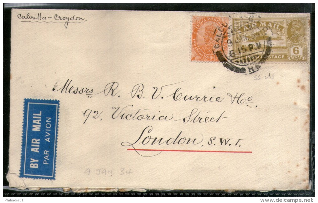 India 1934 KG V Air Mail Stamp On Cover Calcutta G.P.O To England # 1451-16 - Airmail