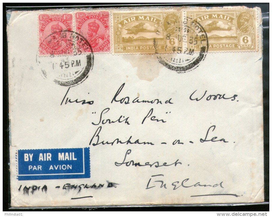 India 1935 KG V Air Mail Stamp On Cover Lahore ( Now In Pakistan ) To London # 1451-27 - Corréo Aéreo