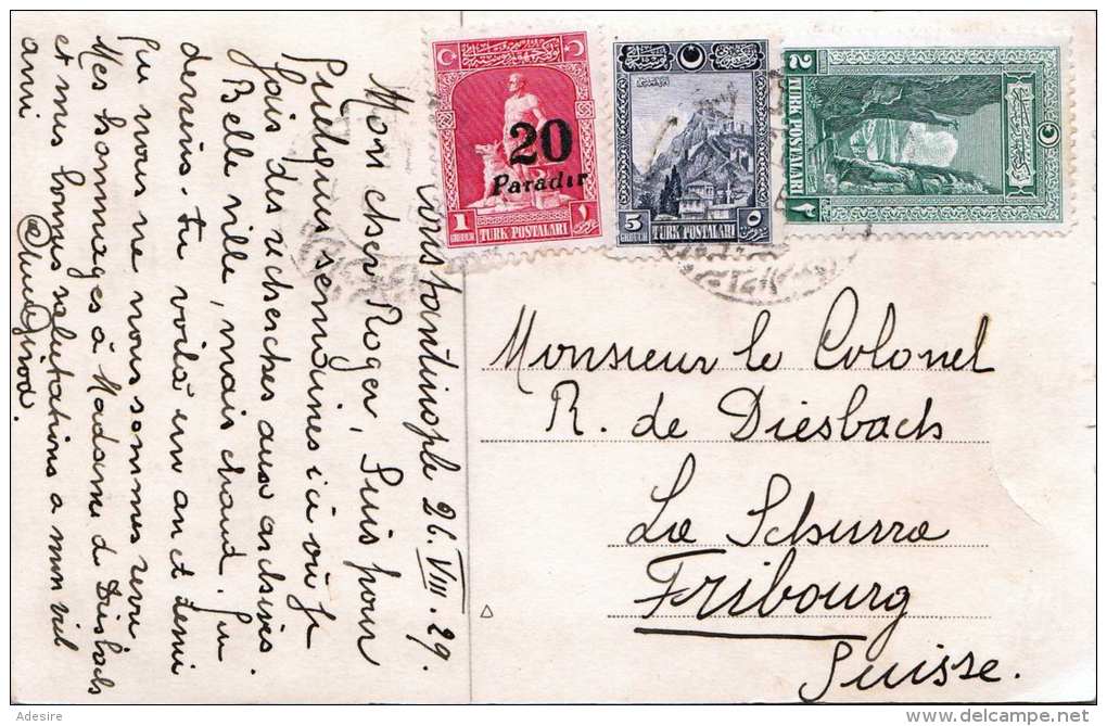 CONSTANTINOPEL - L'Hippodrome Et Ste.Sophie, Seltene 3 Fach Frankierung, Karte Gel.1929 Nach Fribourg Schweiz - Türkei