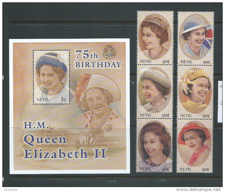 Nevis 2001 QEII 75th Birthday Miniature Sheet  & 2 Strips Of 3 MNH , 1 Stamp Gum Faults - St.Kitts And Nevis ( 1983-...)