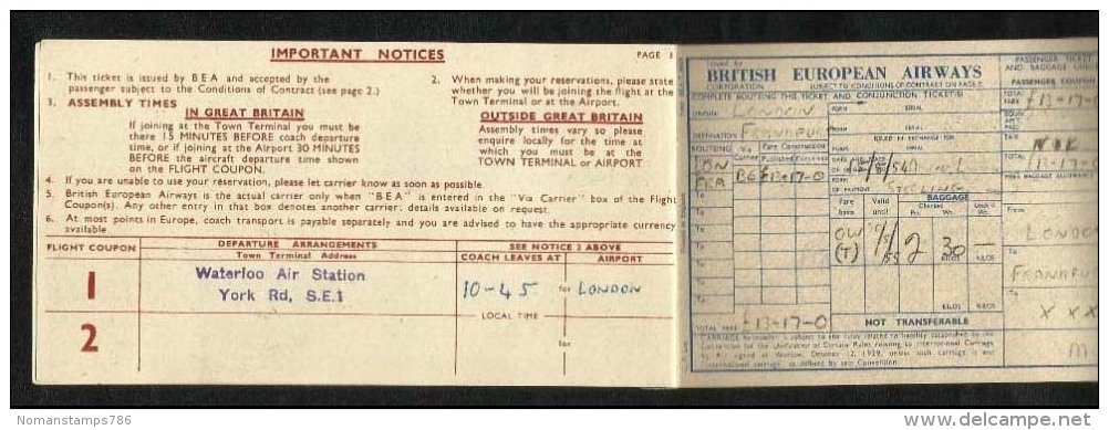 British European Airways  Airline Transport Ticket 1954 Used Passenger Ticket  5 Scan - Autres & Non Classés