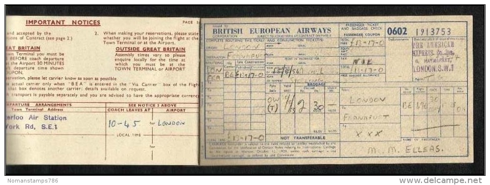 British European Airways  Airline Transport Ticket 1954 Used Passenger Ticket  5 Scan - Autres & Non Classés