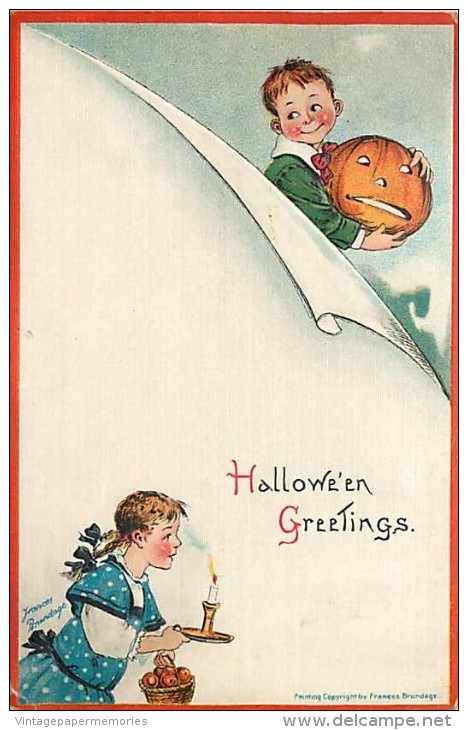 240209-Halloween, Gabriel No 123-1, Frances Brundage, Girl With Candle & Basket Of Apples, Boy With Jack O Lantern - Halloween