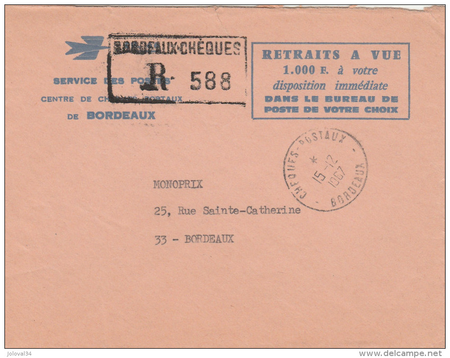 Lettre Recommandée Franchise  BORDEAUX Chèques Postaux Gironde 1967 - Lettres Civiles En Franchise