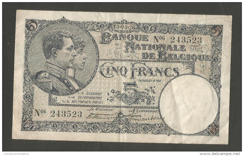 BELGIE / BELGIQUE - BANQUE NATIONALE De BELGIQUE - 5 FRANCS (13 / 03 / 1926)  - ALBERT I - 5 Franchi