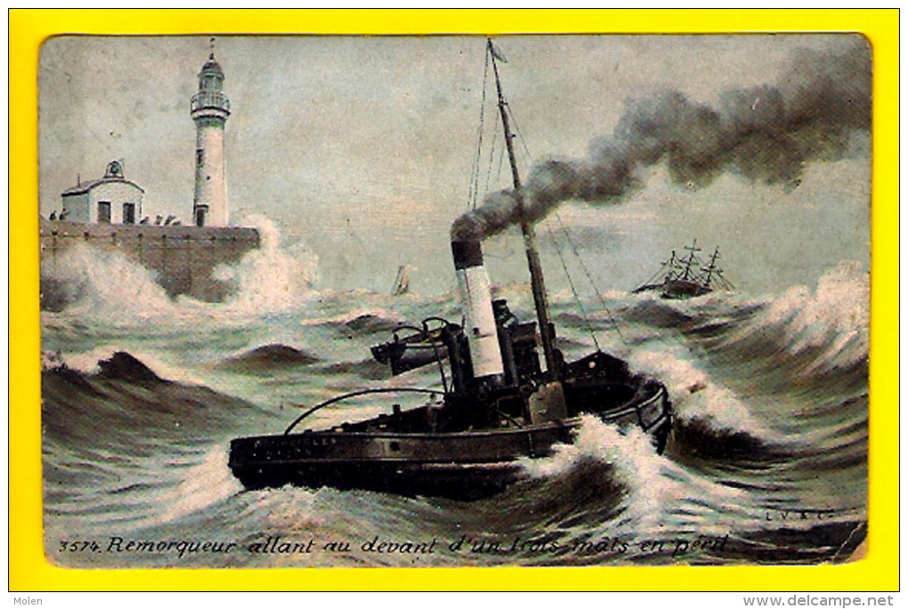 REMORQUEUR ALLANT AU DEVANT D’ UN TROIS-MATS EN PERIL Phare Steamer Schlepper Boot Bateau à Vapeur Schip => OOSTENDE 511 - Remorqueurs