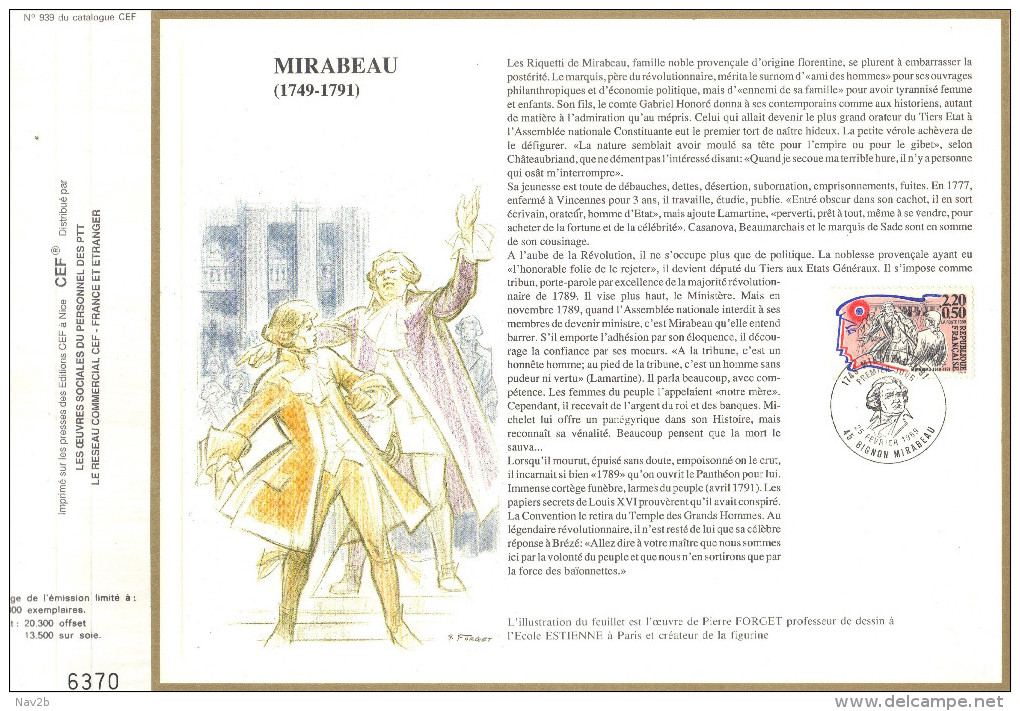 Sur Feuillet CEF , FDC  1989 (45) Bignon Mirabeau . MIRABEAU..."nous N'en Sortirons Que Par La Force Des Baïonnettes"." - Révolution Française