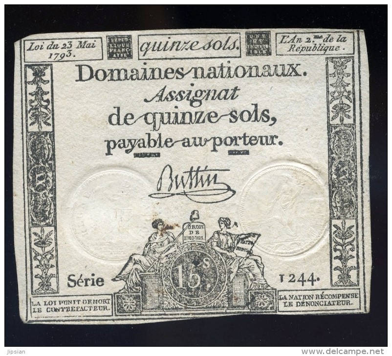 Assignat De Quinze Sols Signé Buttin Série 1244 Loi Du 23 Mai 1793 L' An 2me FRM 23 - Assignats & Mandats Territoriaux