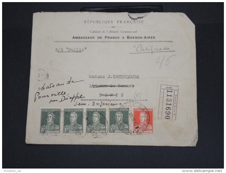 ARGENTINE - Enveloppe En Recommandée De L 'Ambassade De France Pour Pourville ( France ) - à Voir - Lot P7360 - Lettres & Documents