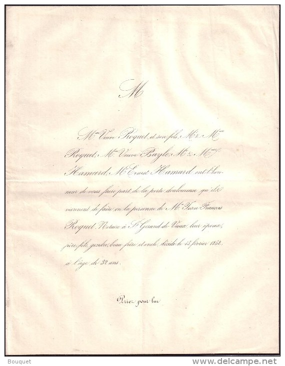 ALLIER - SAINT GERAND DE VAUX - AVIS DE DECES - MR JEAN FRANCOIS ROQUET , NOTAIRE - 1852 - Décès