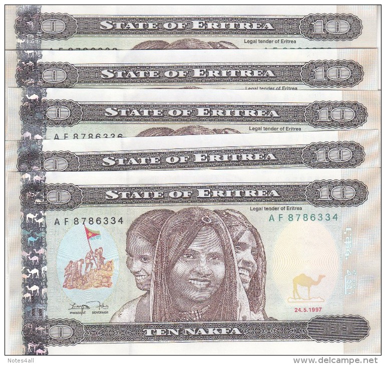 ERITREA 10 NAKFA 1997 P-3 LOT X5 UNC  NOTES */* - Eritrea