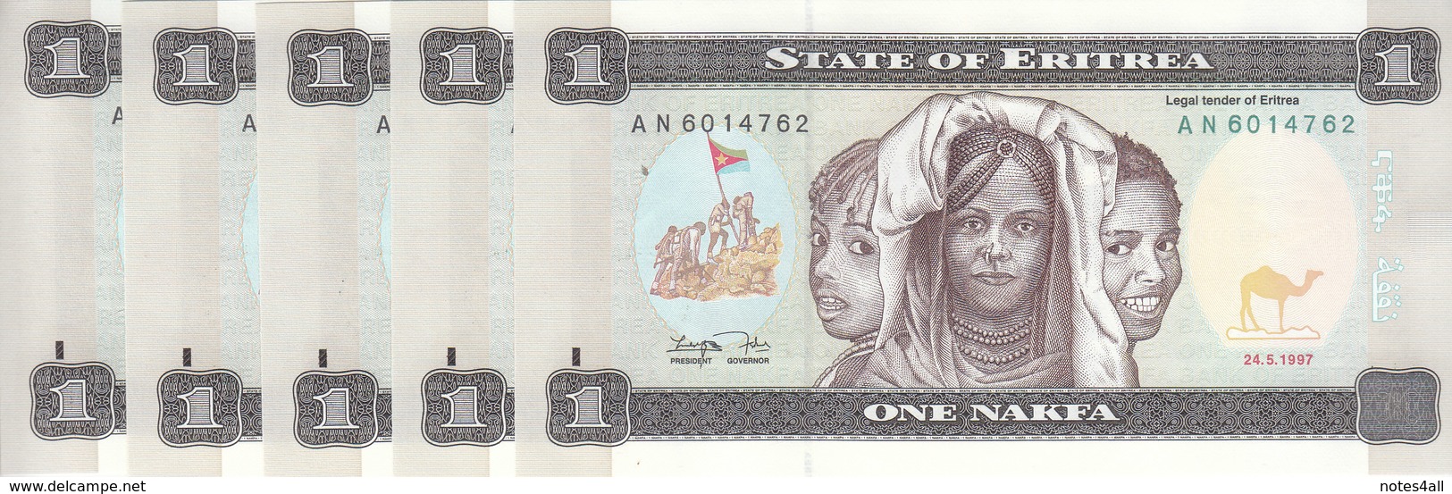 ERITREA 1 NAKFA 1997 P-1 UNC LOT X5 NOTES CONSECUTIVE - Eritrea