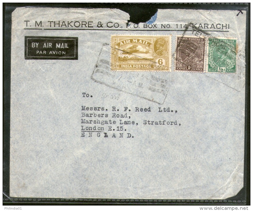 India 1935 KG V Air Mail Stamp On Cover Karachi ( Now In Pakistan ) To England # 1451-35 - Corréo Aéreo