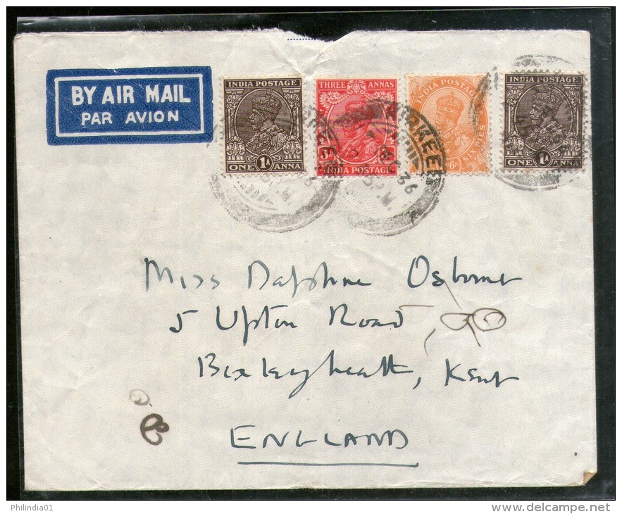 India 1936 KG V Multi Franked Cover Kirkee To England # 1452-09 - Corréo Aéreo