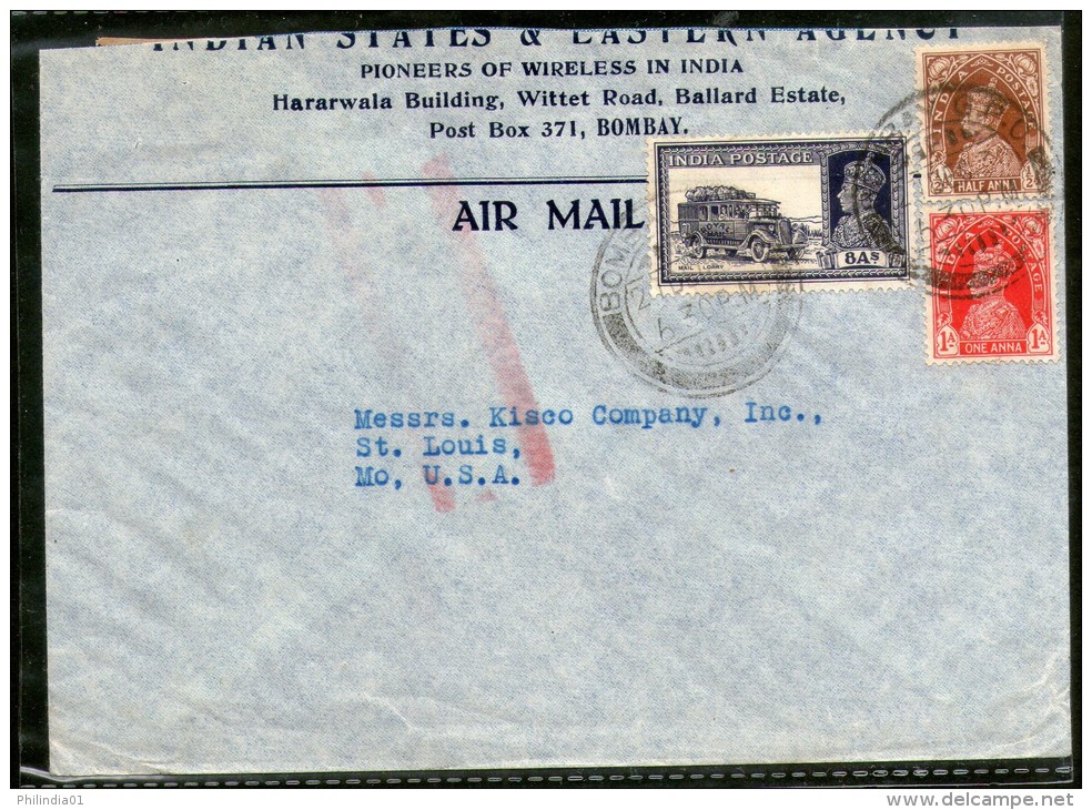 India 1938 KG VI Transport Multi Stamped Cover Bombay To United States # 1452-21 - Airmail