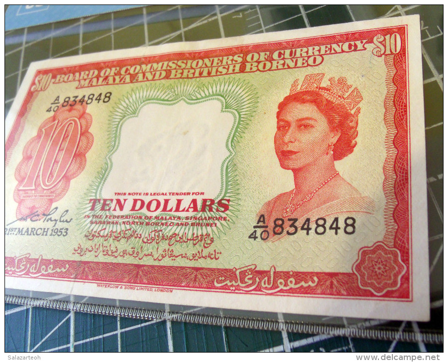 Board Of Commissioners Of Currency Malaya & Brithish Borneo 1953 $10 Dollars BankNote, Pick-3 XF-40 Certified - Malasia