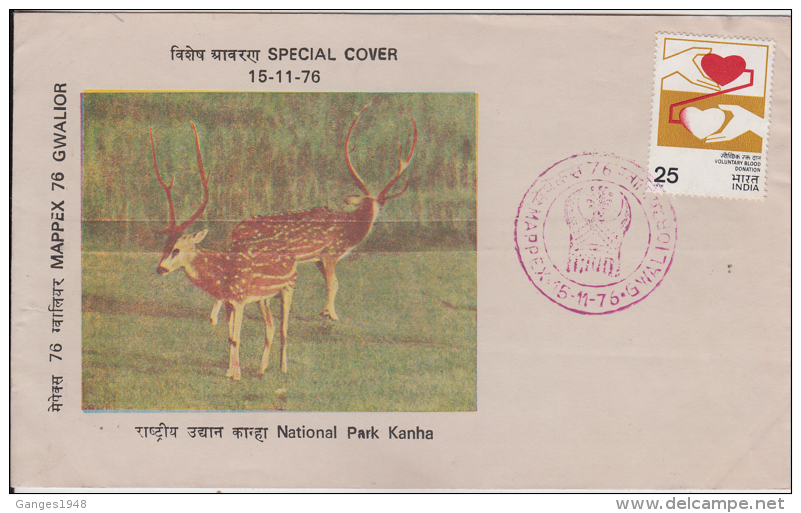 India  1976  KANHA NATIONAL PARK  Spotted Horned Deer  Wildlife Sanctuary  GWALIOR  Special Cover # 84960  Inde  Indien - Game