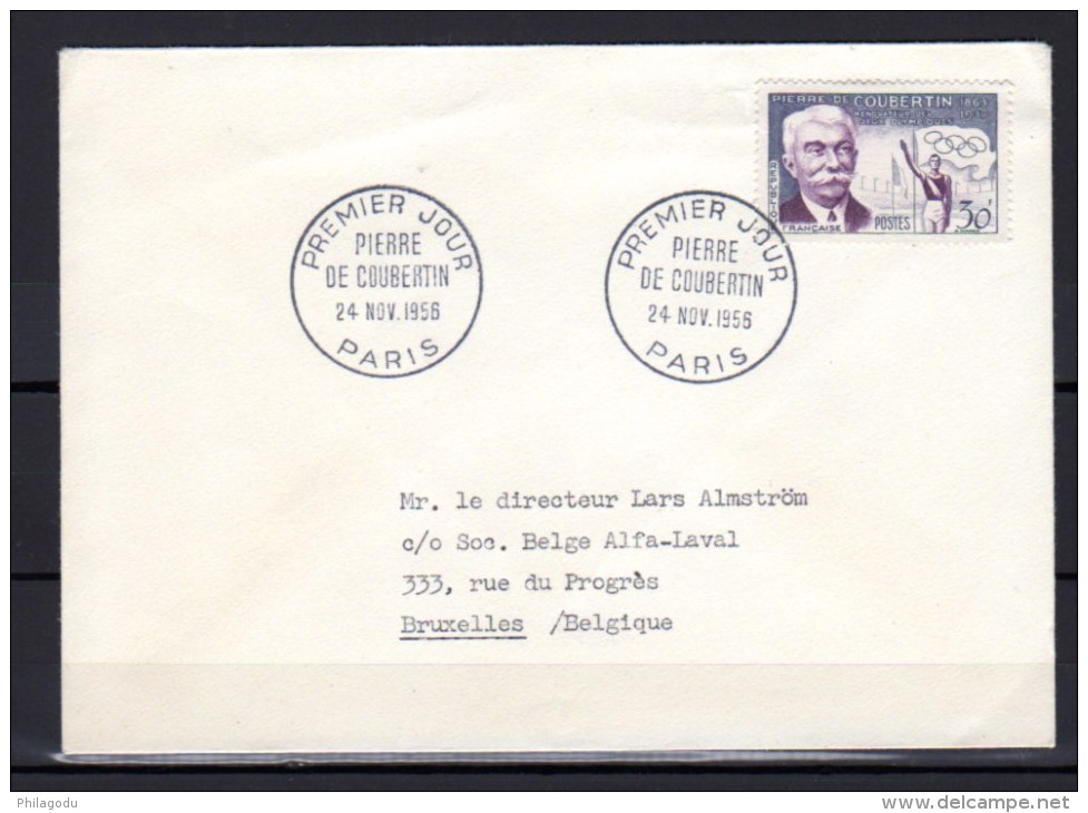 Pierre De Coubertin, Lettre FDC De Paris Vers Bruxelles, N ° 1088 - 1950-1959