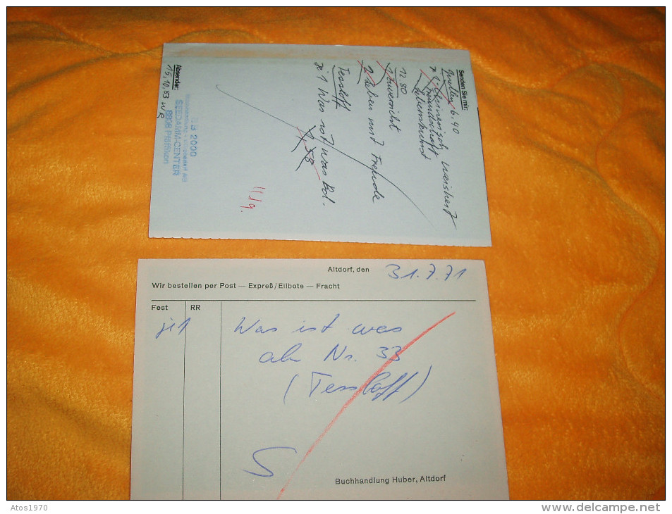 LOT DE 2 LETTRES CARTES DATE ?. ET 1971. / BUCHERZETTEL / ALTDORF ET KREUZLINGEN / CACHET + TIMBRE - Postmark Collection